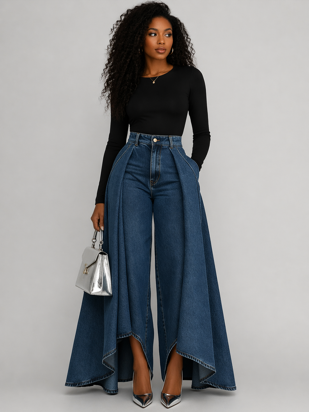 Conjunto Feminino Calça Pantalona Jeans com Sobressaia e Top Manga Longa – Fogazi VIEUX OFICIAL