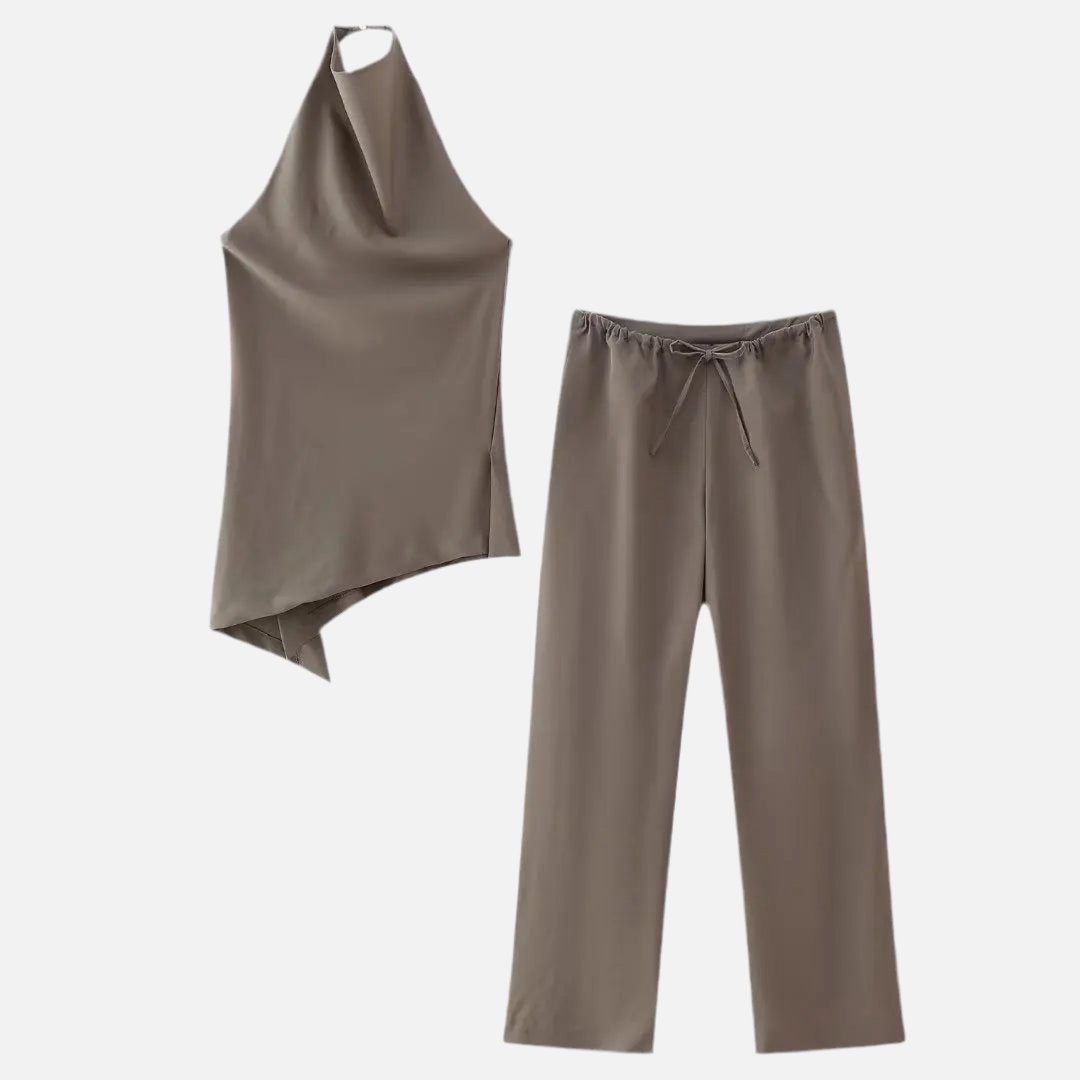 Conjunto Feminino Calça Pantalona e Blusa Frente Única Assimétrica – Sussurro