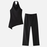 Conjunto Feminino Calça Pantalona e Blusa Frente Única Assimétrica – Sussurro