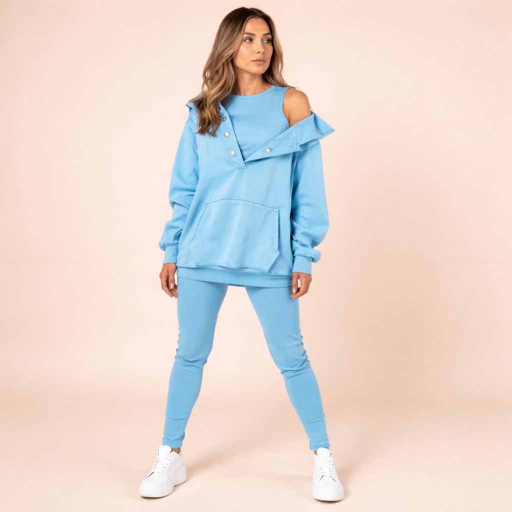 Conjunto Feminino Casual Chic em Moletinho com Sobreposição e Botões – Vivienne VIEUX OFICIAL