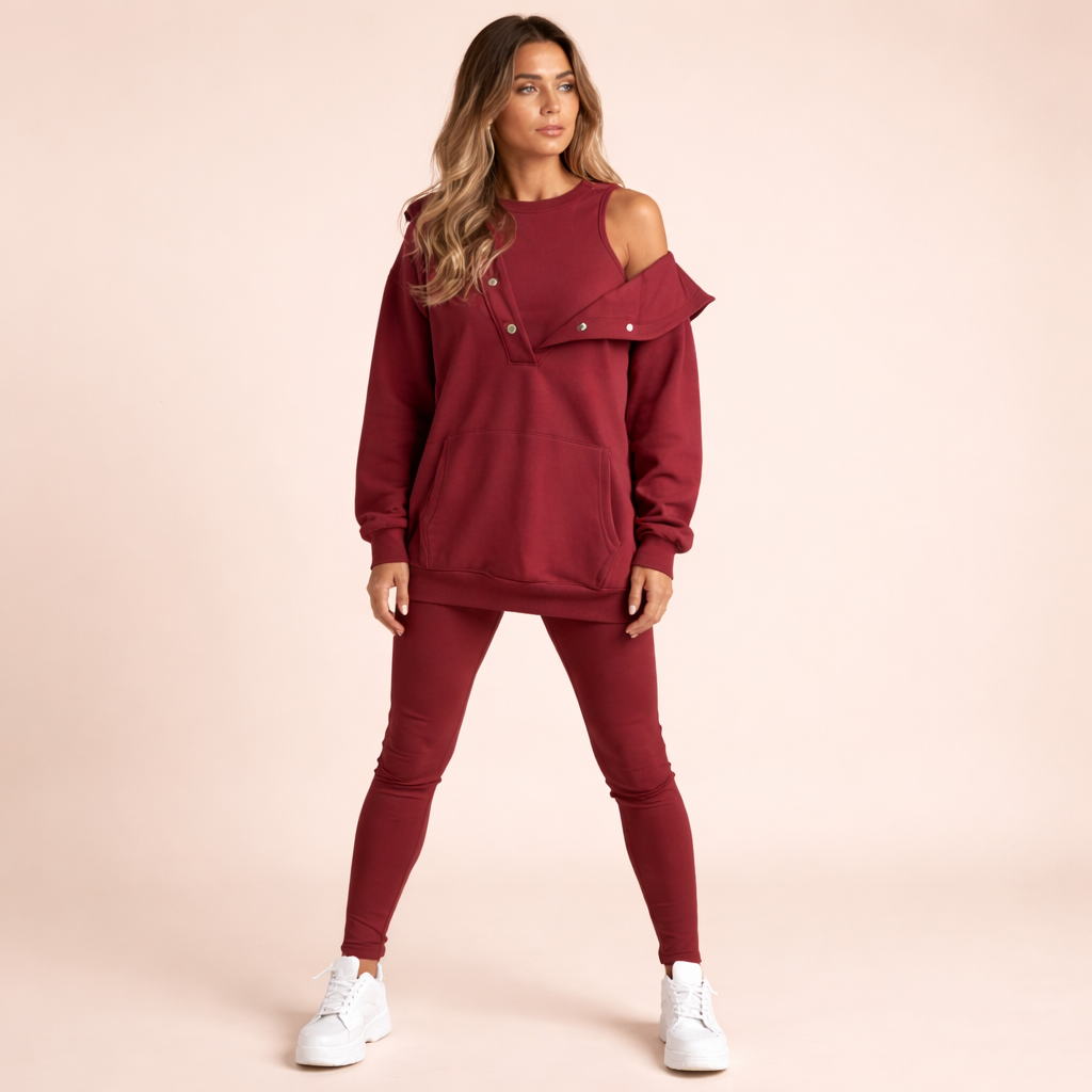 Conjunto Feminino Casual Chic em Moletinho com Sobreposição e Botões – Vivienne VIEUX OFICIAL