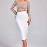 Conjunto Feminino Com Cropped com Pérolas Bordadas em Tule Nude + Saia Midi Branca de Cintura Alta – Gerard