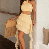 Conjunto Feminino Frente Única com Flor 3D e Saia de Babados Assimétrica – Aurore VIEUX OFICIAL