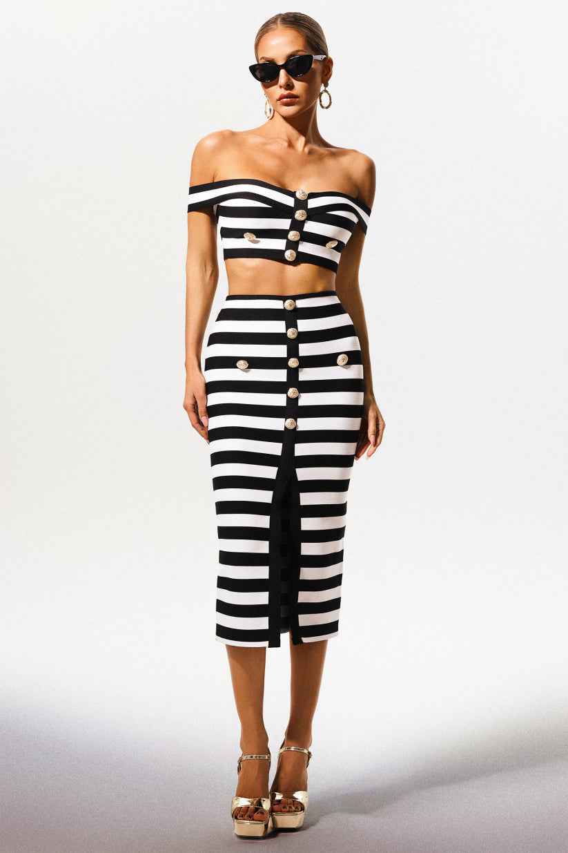 Conjunto Feminino Listrado de Tricô com Cropped Ombro a Ombro e Saia Lápis com Fenda e Botões Dourados – Gourmand VIEUX OFICIAL
