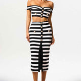 Conjunto Feminino Listrado de Tricô com Cropped Ombro a Ombro e Saia Lápis com Fenda e Botões Dourados – Gourmand VIEUX OFICIAL