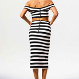 Conjunto Feminino Listrado de Tricô com Cropped Ombro a Ombro e Saia Lápis com Fenda e Botões Dourados – Gourmand VIEUX OFICIAL