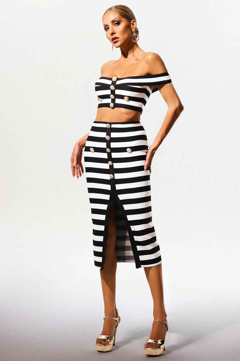 Conjunto Feminino Listrado de Tricô com Cropped Ombro a Ombro e Saia Lápis com Fenda e Botões Dourados – Gourmand VIEUX OFICIAL