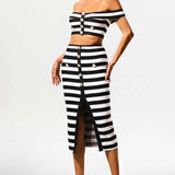 Conjunto Feminino Listrado de Tricô com Cropped Ombro a Ombro e Saia Lápis com Fenda e Botões Dourados – Gourmand VIEUX OFICIAL