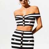 Conjunto Feminino Listrado de Tricô com Cropped Ombro a Ombro e Saia Lápis com Fenda e Botões Dourados – Gourmand VIEUX OFICIAL