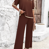 Conjunto Feminino Malha Fina Blusa Manga Curta e Calça Pantalona com Detalhes Contrastantes – Zenith VIEUX OFICIAL