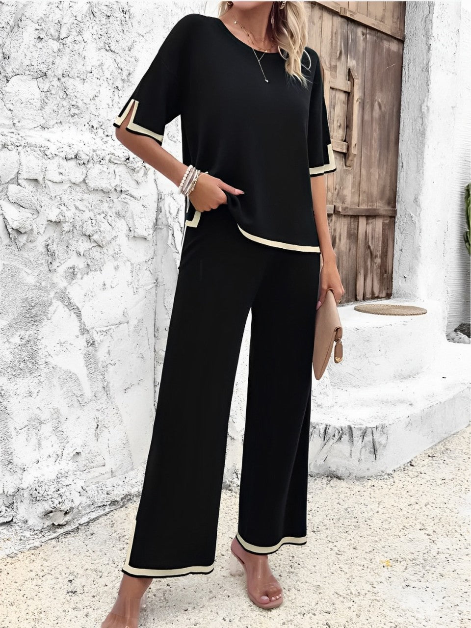 Conjunto Feminino Malha Fina Blusa Manga Curta e Calça Pantalona com Detalhes Contrastantes – Zenith VIEUX OFICIAL