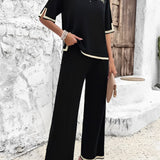 Conjunto Feminino Malha Fina Blusa Manga Curta e Calça Pantalona com Detalhes Contrastantes – Zenith VIEUX OFICIAL