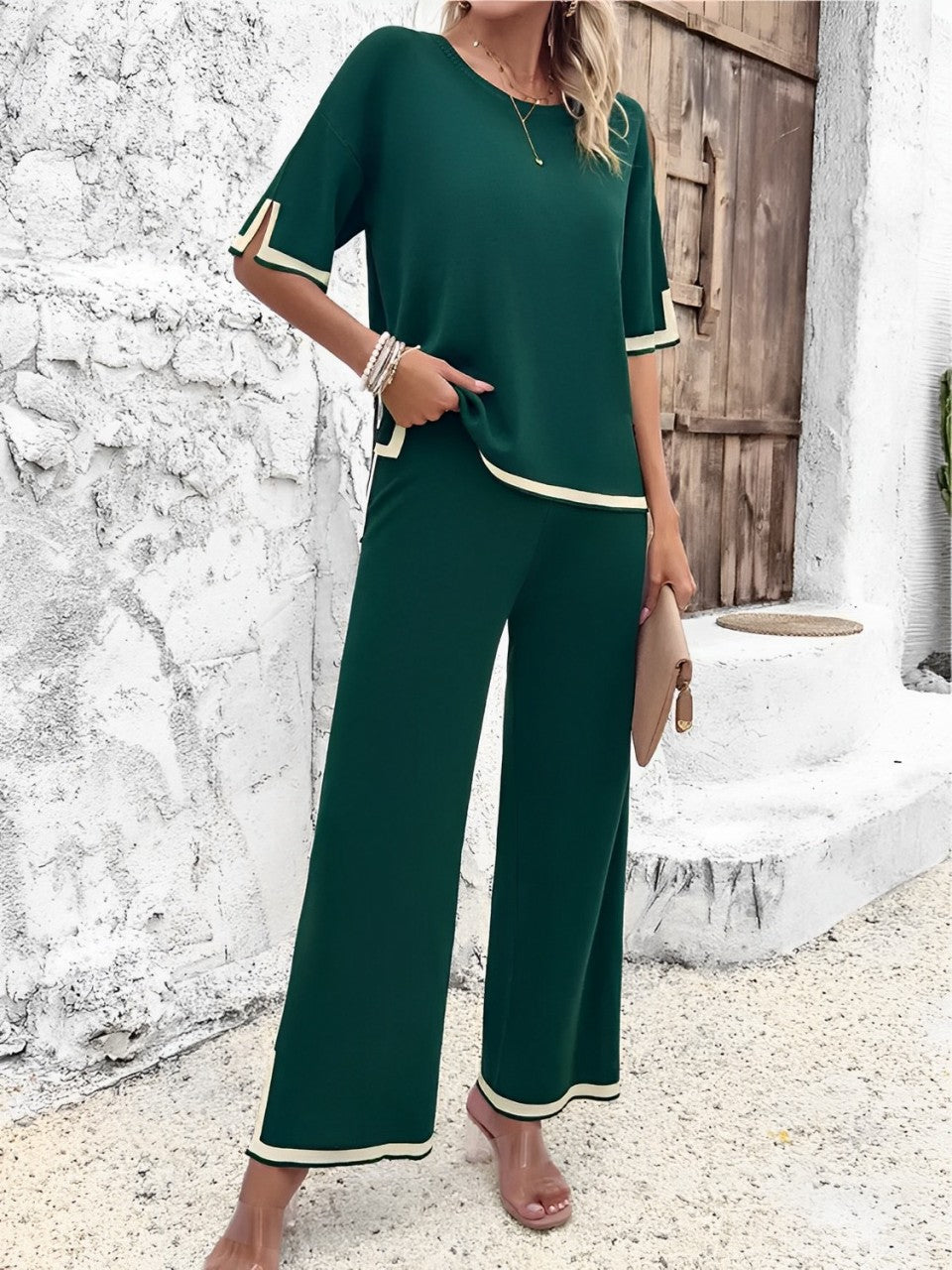 Conjunto Feminino Malha Fina Blusa Manga Curta e Calça Pantalona com Detalhes Contrastantes – Zenith VIEUX OFICIAL