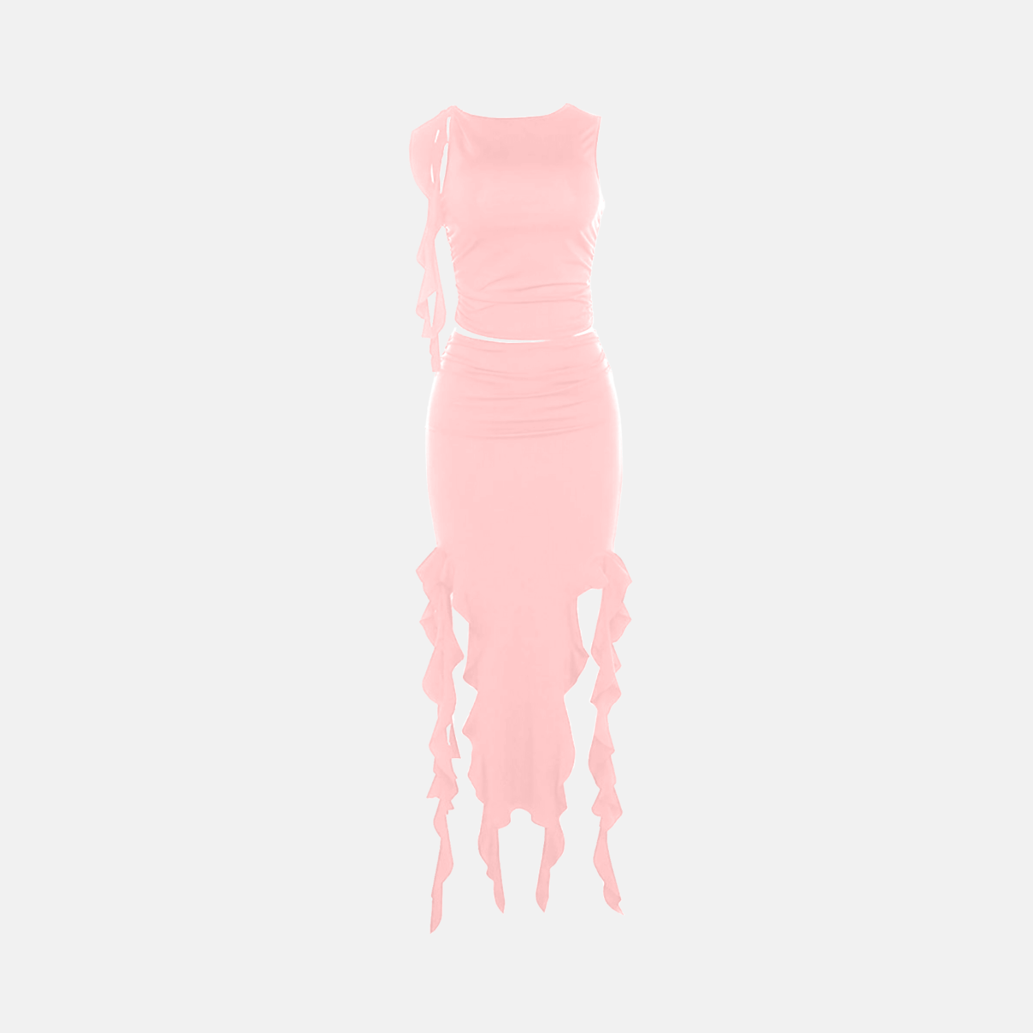 Conjunto Feminino Assimétrico com Top e Saia Longa com Babados em Cascata – Cerise - VIEUX OFICIAL