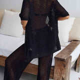 Conjunto Feminino Resortwear em Tricot Vazado Bege com Top Preto em Argola Central – DORÉ VIEUX OFICIAL