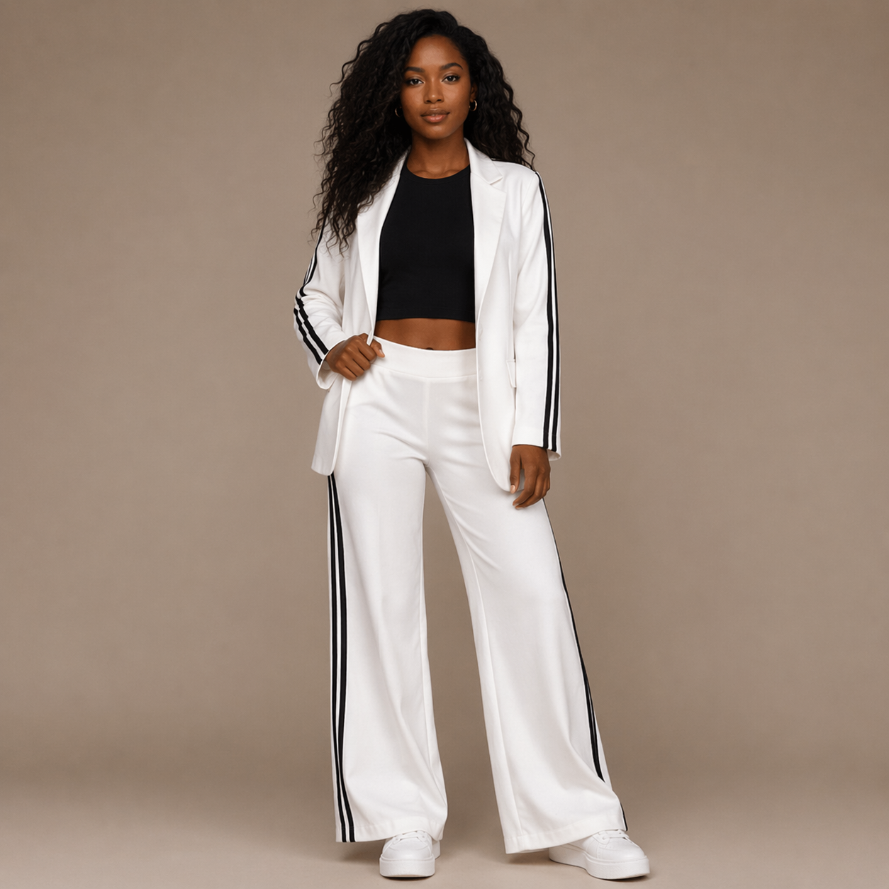 Conjunto Feminino de Alfaiataria Blazer e Calça Pantalona com Listra Esportiva – Brigitte VIEUX OFICIAL