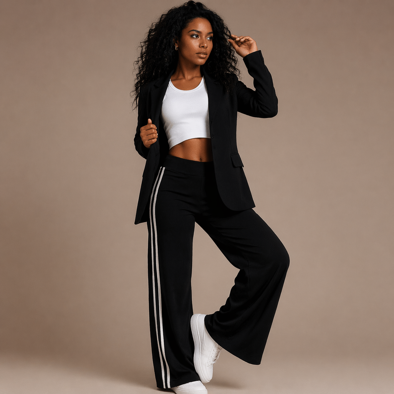 Conjunto Feminino de Alfaiataria Blazer e Calça Pantalona com Listra Esportiva – Brigitte VIEUX OFICIAL