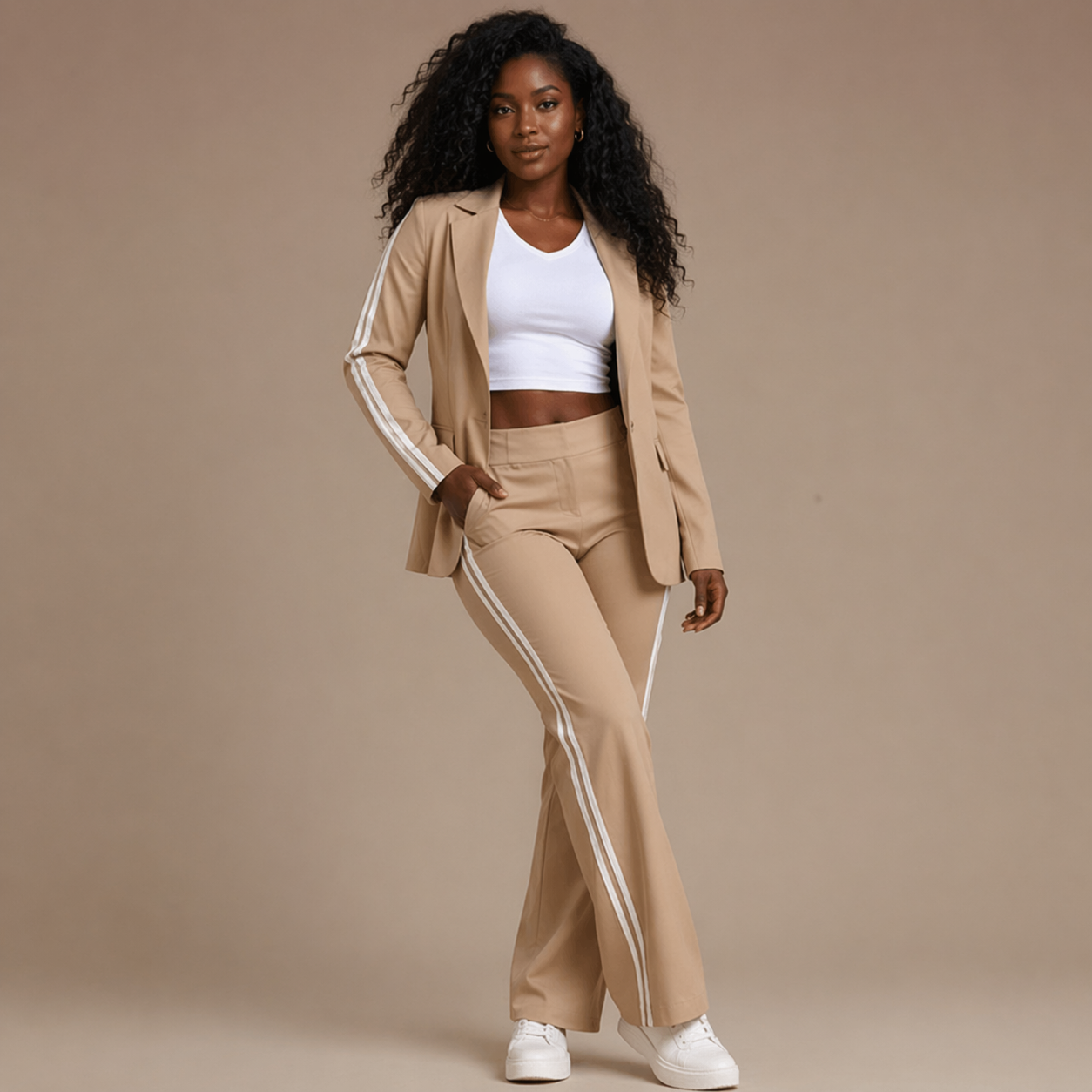 Conjunto Feminino de Alfaiataria Blazer e Calça Pantalona com Listra Esportiva – Brigitte VIEUX OFICIAL