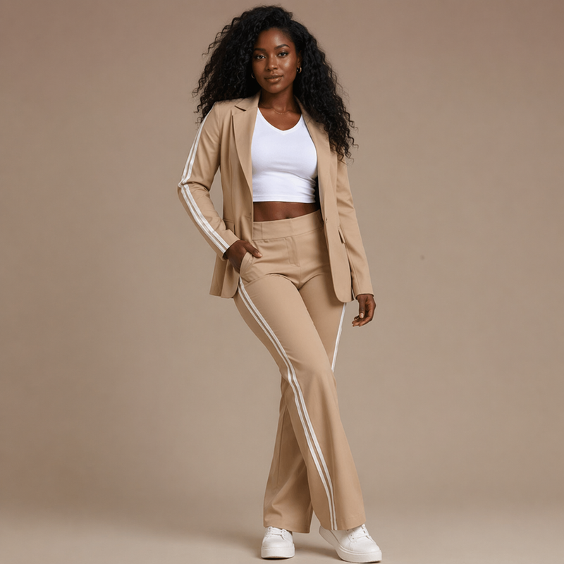 Conjunto Feminino de Alfaiataria Blazer e Calça Pantalona com Listra Esportiva – Brigitte VIEUX OFICIAL