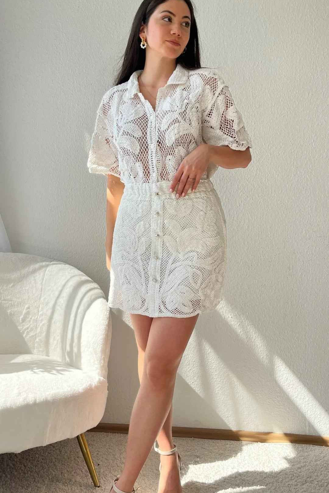 Conjunto Feminino de Crochê com Camisa e Saia Curta com Botões – Bordes - VIEUX OFICIAL