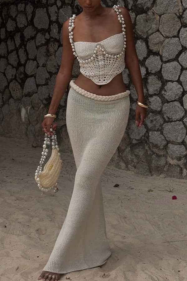 Conjunto Feminino de Crochê com Pérolas – Top Bustier e Saia Longa Nereide VIEUX OFICIAL