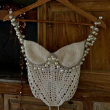 Conjunto Feminino de Crochê com Pérolas – Top Bustier e Saia Longa Nereide