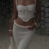 Conjunto Feminino de Crochê com Pérolas – Top Bustier e Saia Longa Nereide VIEUX OFICIAL