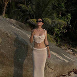 Conjunto Feminino de Crochê e Tricô com Cós Trançado – Top e Saia Longa Thalassa