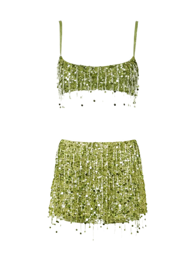 Conjunto Feminino de Paetês com Franjas – Top Cropped e Minissaia Glow VIEUX OFICIAL