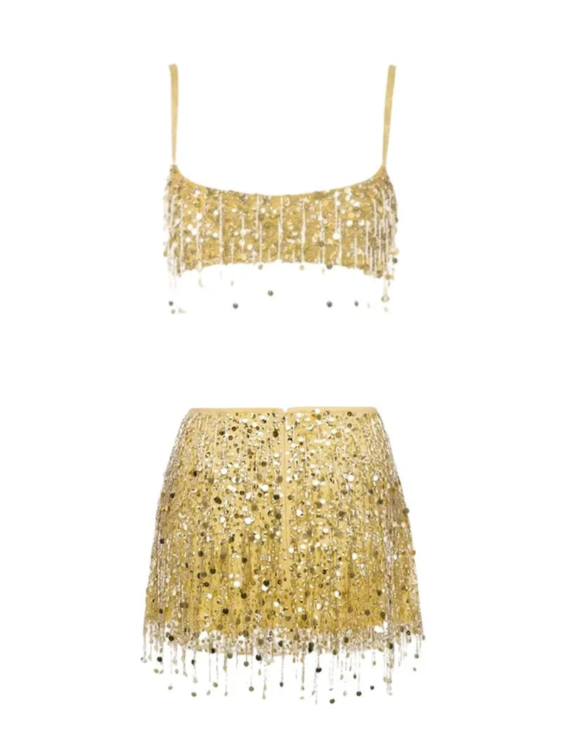 Conjunto Feminino de Paetês com Franjas – Top Cropped e Minissaia Glow VIEUX OFICIAL