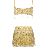 Conjunto Feminino de Paetês com Franjas – Top Cropped e Minissaia Glow VIEUX OFICIAL