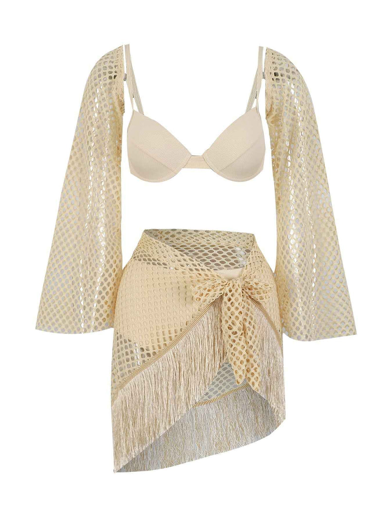 Conjunto feminino de praia com saída em tela franjas e top estruturado bege Crespin VIEUX OFICIAL