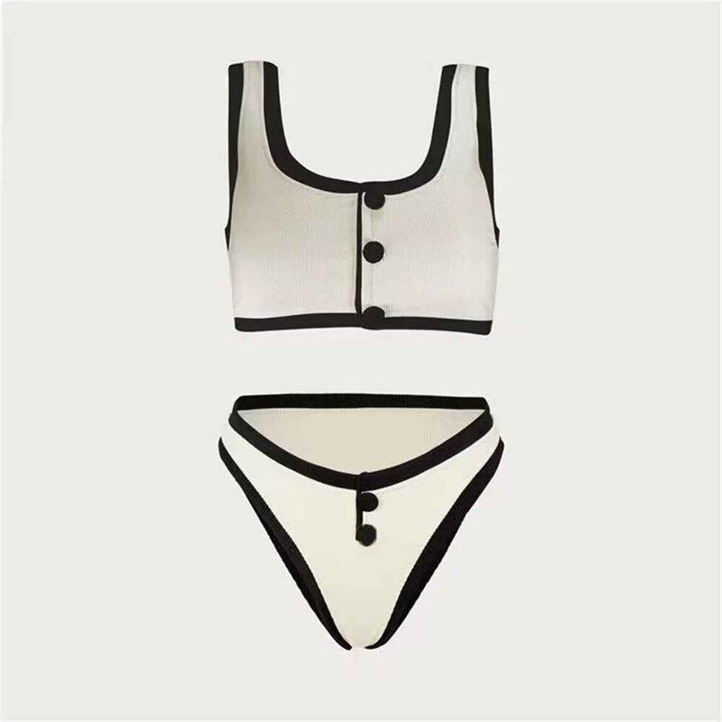 Conjunto feminino de praia com top cropped e calcinha cintura alta com botões preto Brunot VIEUX OFICIAL