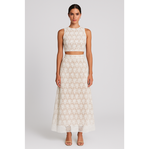 Conjunto Feminino de Renda Bordada – Top Cropped e Saia Longa Astre VIEUX OFICIAL