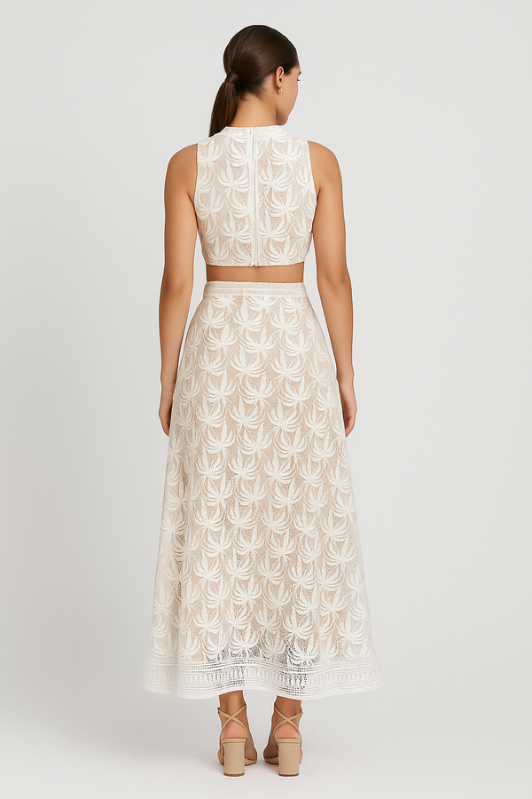 Conjunto Feminino de Renda Bordada – Top Cropped e Saia Longa Astre VIEUX OFICIAL