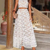 Conjunto Feminino de Renda Bordada – Top Cropped e Saia Longa Astre