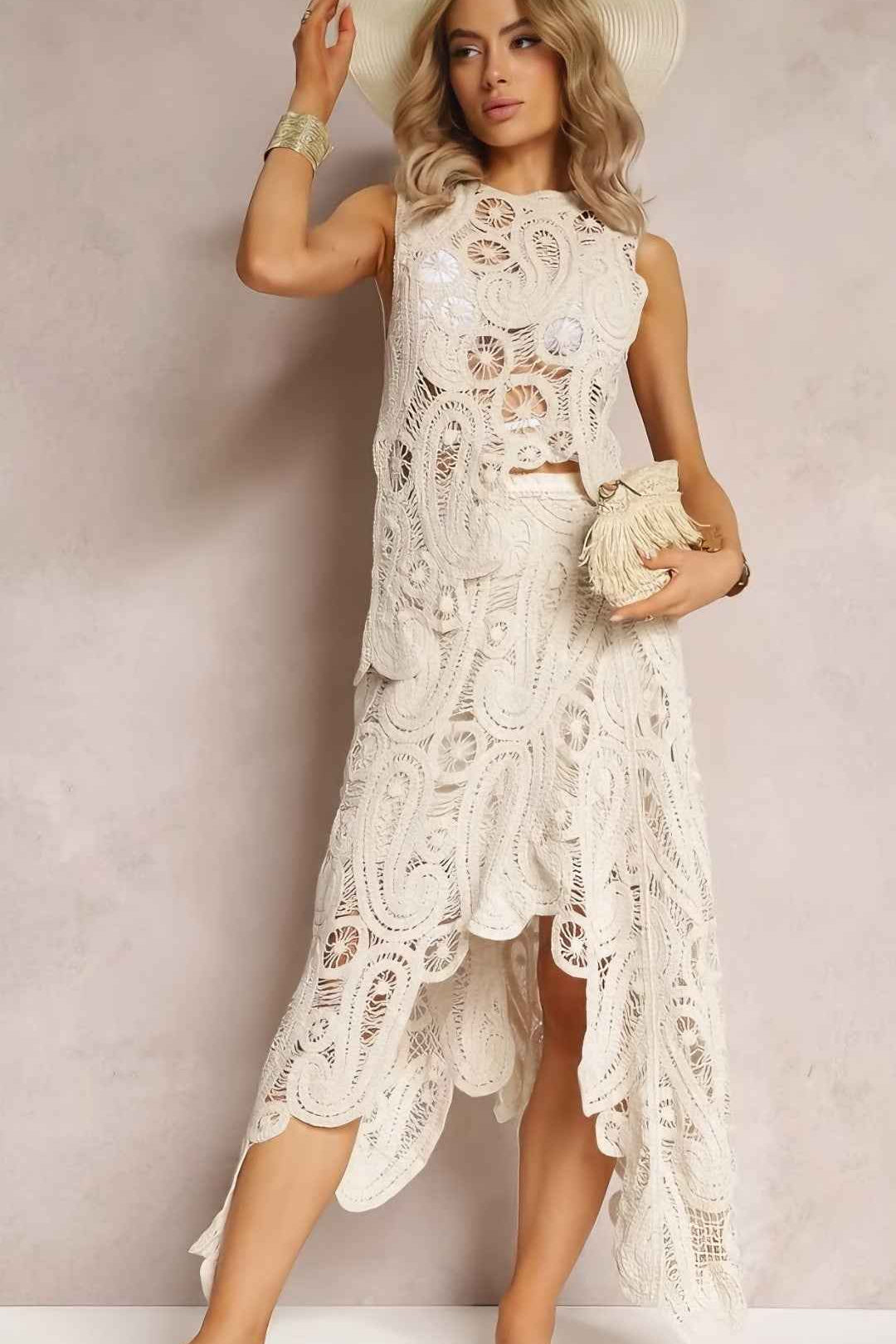 Conjunto Feminino de Renda com Cropped Vazado e Saia Assimétrica – Raymond - VIEUX OFICIAL