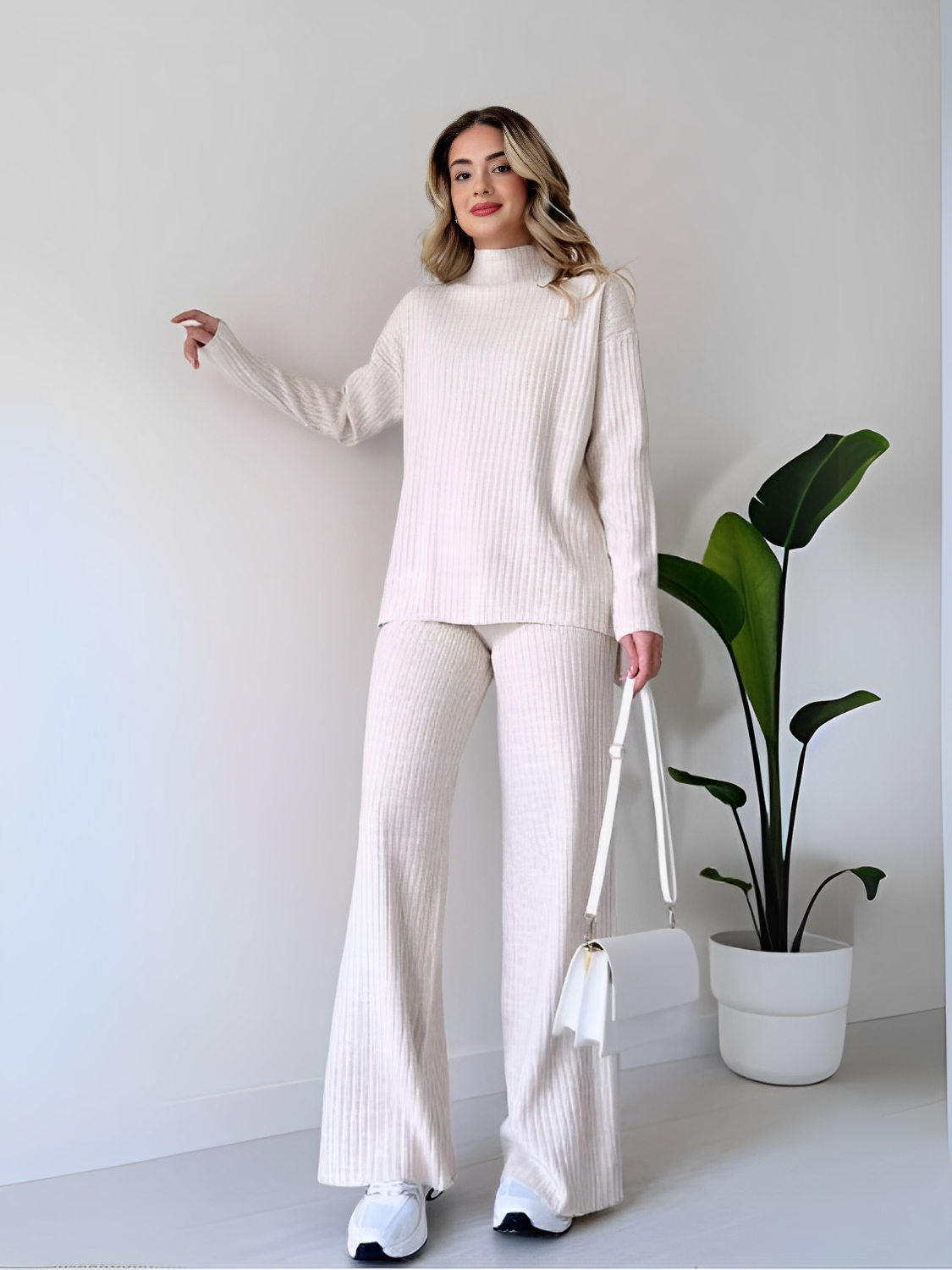 Conjunto Feminino em Malha Canelada Pantalona e Blusa Gola Alta – Zênite VIEUX OFICIAL
