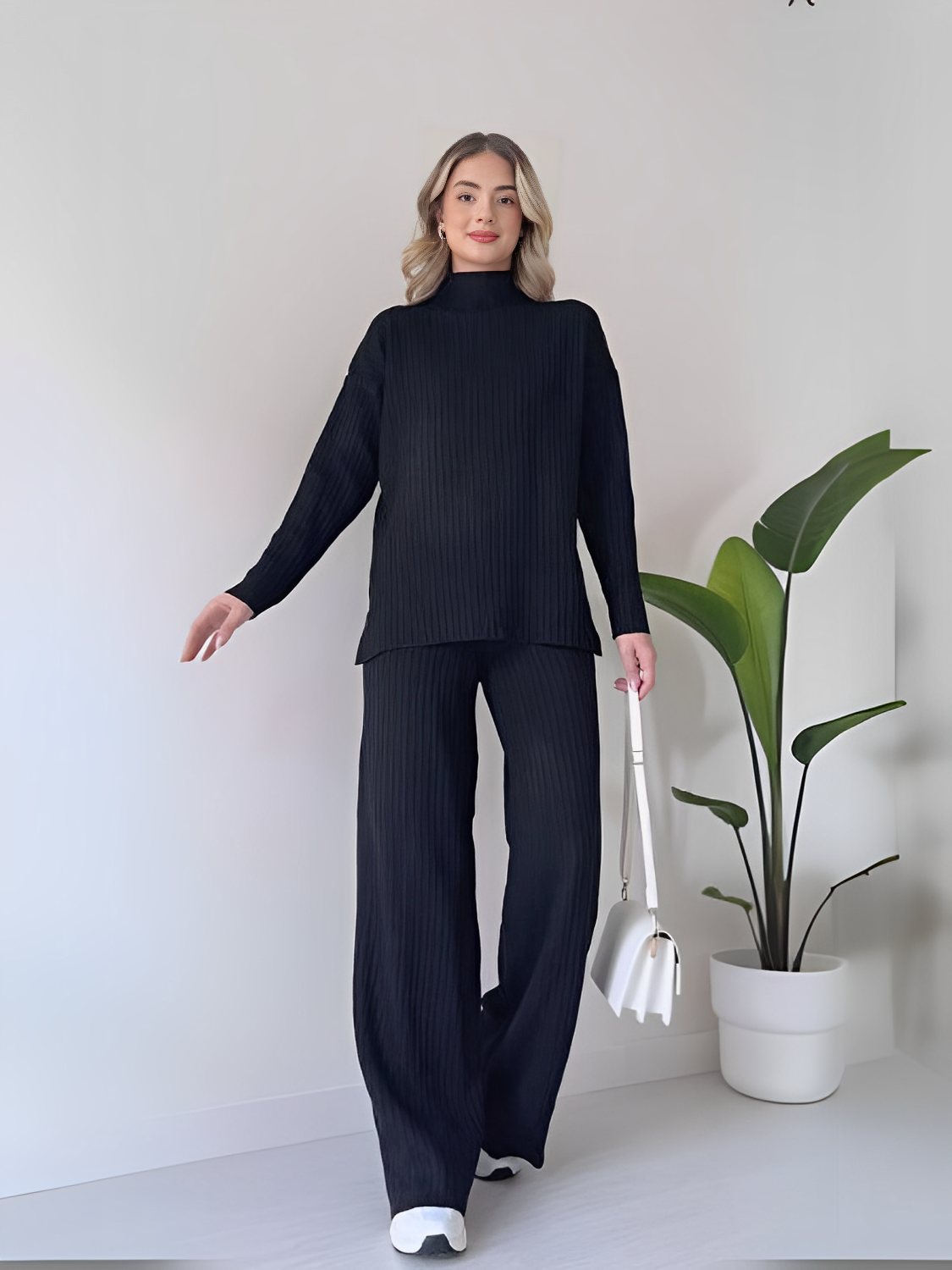 Conjunto Feminino em Malha Canelada Pantalona e Blusa Gola Alta – Zênite VIEUX OFICIAL