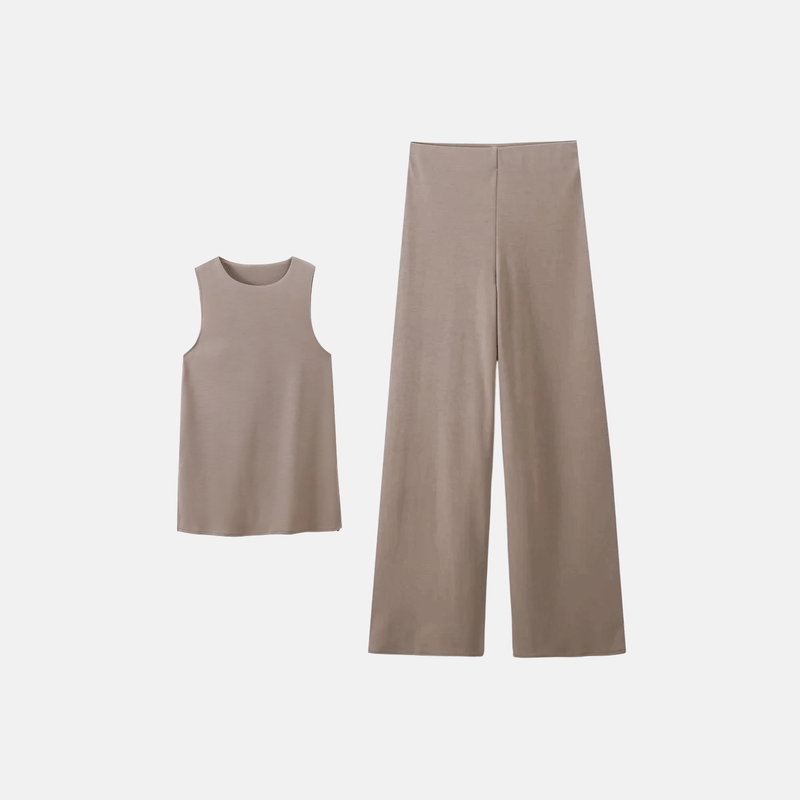 Conjunto feminino de calça pantalona e blusa regata minimalista em malha premium marrom Gauthier VIEUX OFICIAL