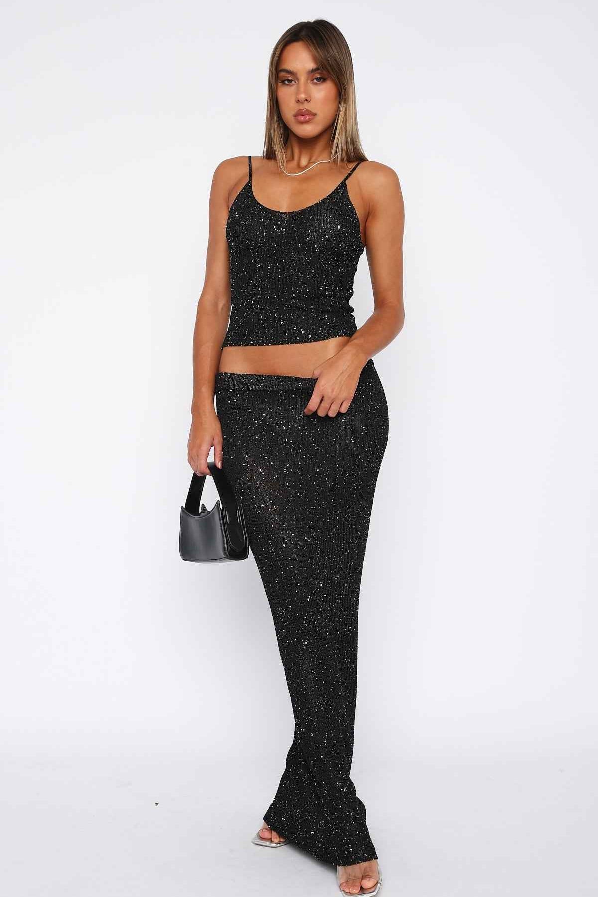 Conjunto Feminino Preto com Brilho Cropped e Saia Longa – Haut - VIEUX OFICIAL