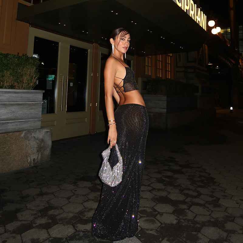 Conjunto Feminino Preto com Strass Brilhante, Amarração nas Costas e Saia Longa Transparente – Haut Côte - VIEUX OFICIAL