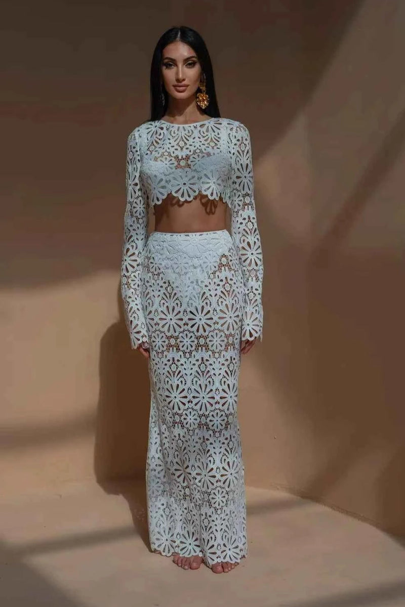 Conjunto feminino longo em renda floral guipir com manga longa transparente branco Letourneau VIEUX OFICIAL
