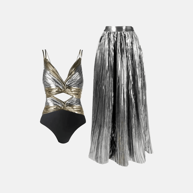 Conjunto feminino de festa com body metalizado dourado e prata e saia longa plissada prateada Rivière VIEUX OFICIAL
