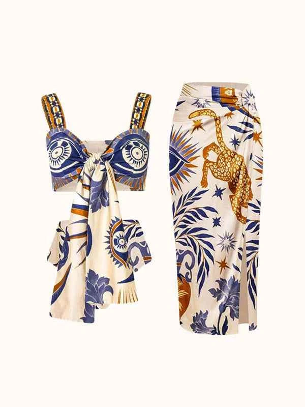 Conjunto Feminino Estampado com Top Cropped de Amarração e Saia Midi com Fenda – Rolland - VIEUX OFICIAL