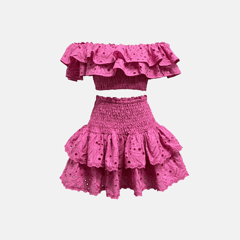 Conjunto rosa com laise bordada babados e lastex Catherina VIEUX OFICIAL