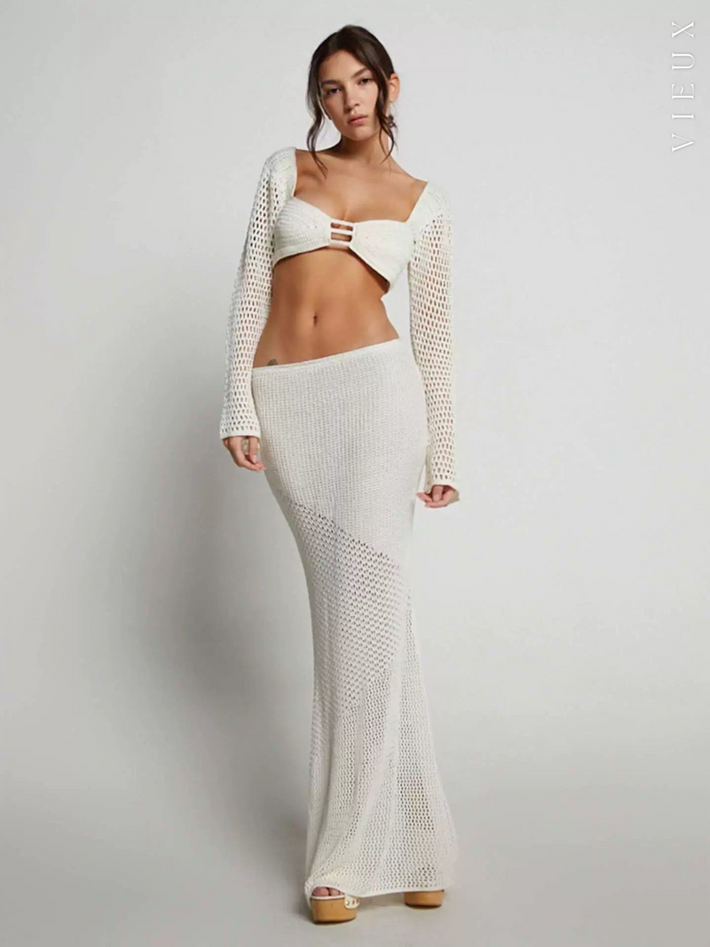 Conjunto feminino off white de tricô cropped e saia longa sereia branco Sable Blanc VIEUX OFICIAL