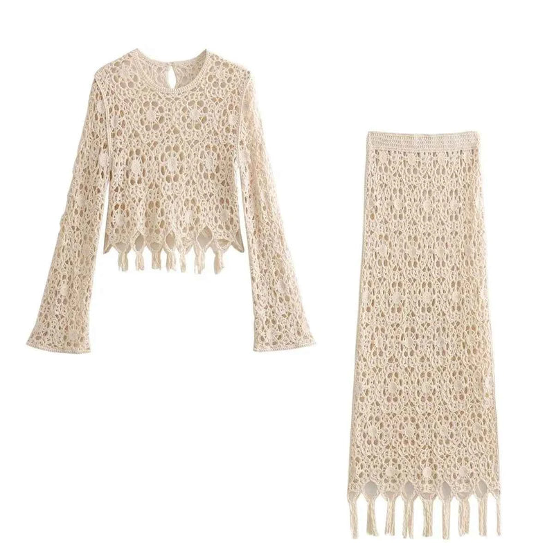 Conjunto feminino de crochê com top manga longa e saia longa com franjas branco Ducrot VIEUX OFICIAL