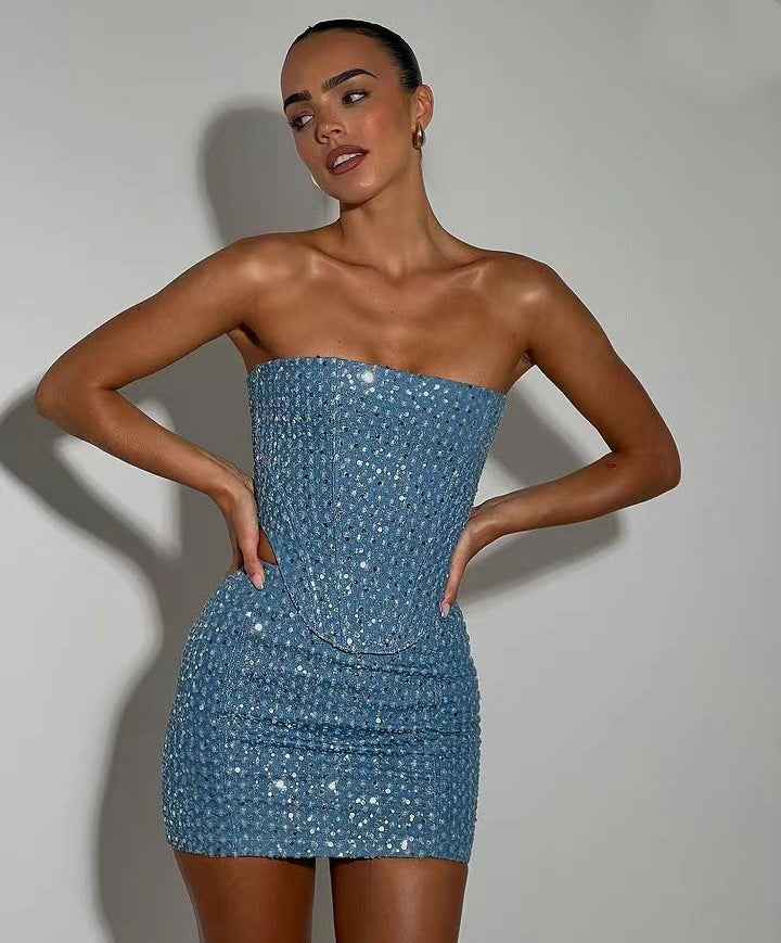Conjunto Feminino Tomara que Caia Curto de Festa em Paetê com Silhueta Ajustada Azul – Charmant - VIEUX OFICIAL