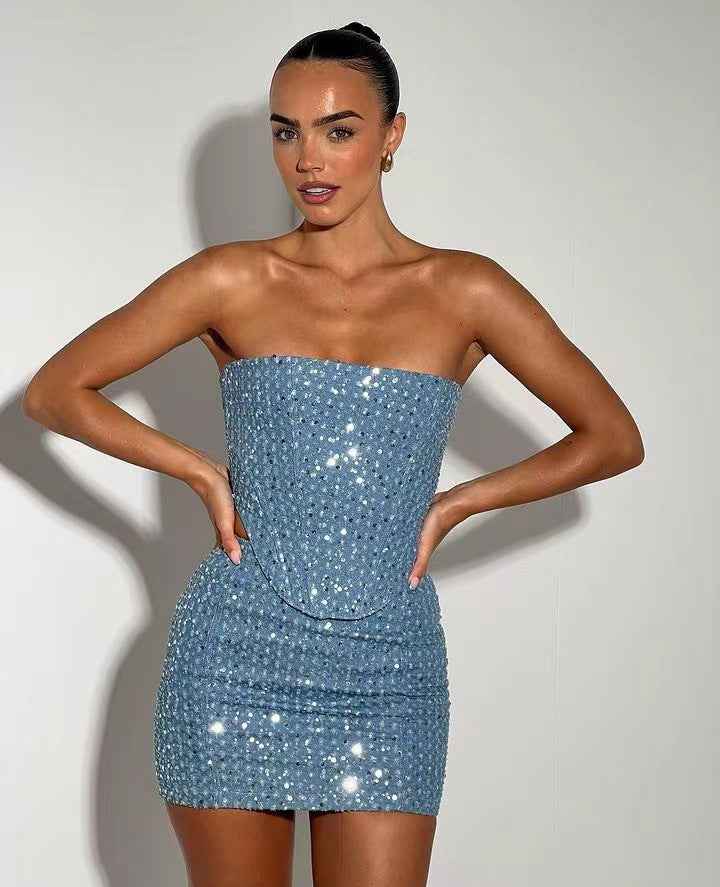 Conjunto Feminino Tomara que Caia Curto de Festa em Paetê com Silhueta Ajustada Azul – Charmant - VIEUX OFICIAL